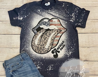 American Flag lips with cheetah tongue bleach unisex tee, American Made tee, sublimation