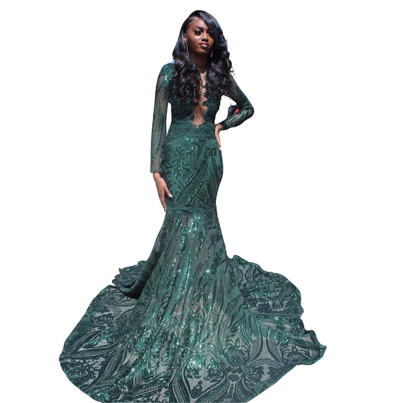open lace back dress Emerald Green Sequin Prom Dresses with Slit Mermaid Evening Dress 21812 Custom Colors / 22w main image 1