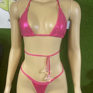 Pink Metallic Bikini. Two Piece Thong Swim Suit with Diamond trim. Couture Swimwear. Couture Vacation Wear.