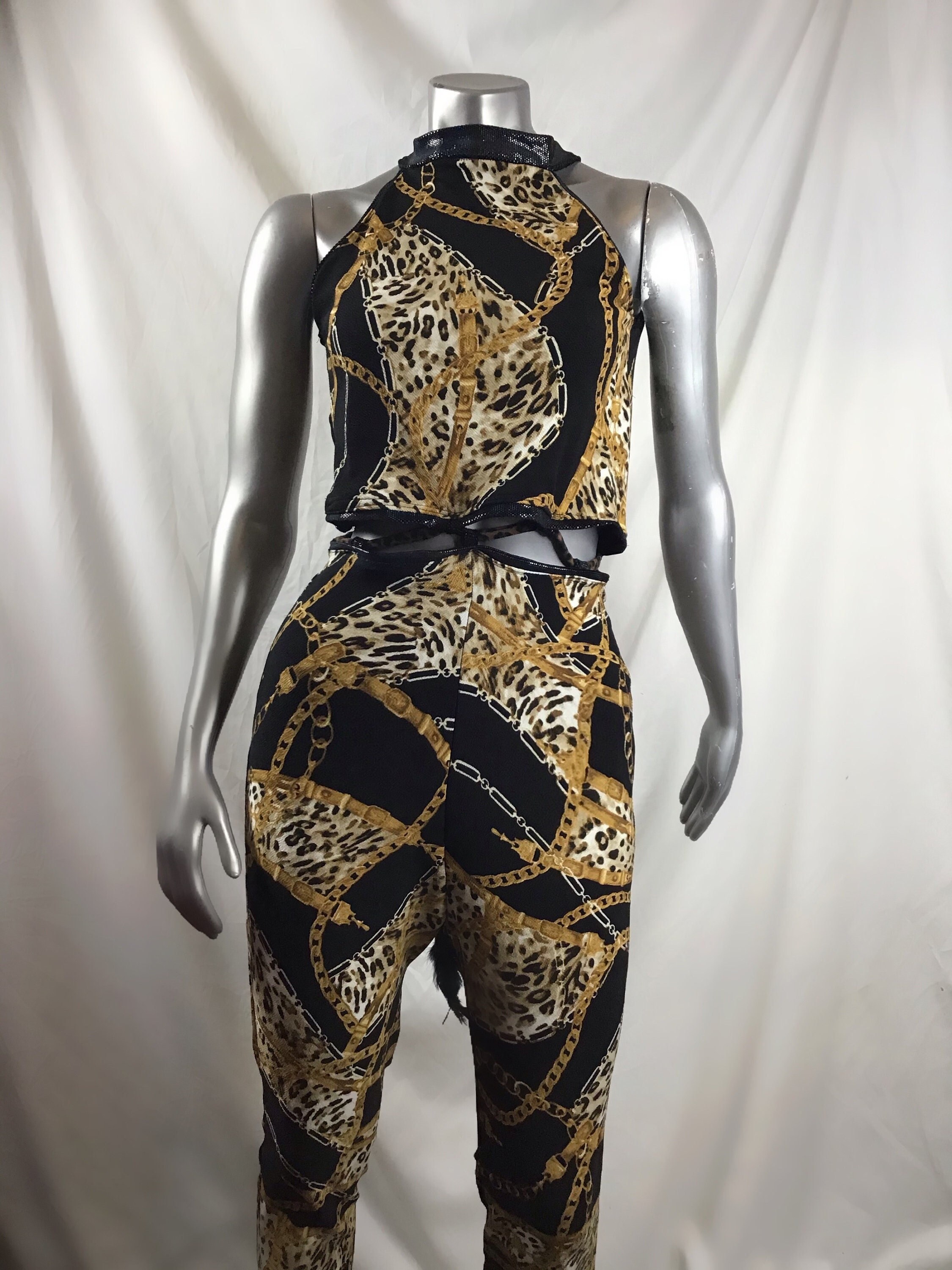 Chain Print Pants Suit. Black Gold Designer Chain Print Suit. Leopard Print Trim. Hand Made Custom to Your Size Couture. Etsy UK