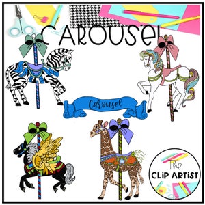 May include: Four colorful carousel animals, a zebra, a horse, a giraffe, and a winged horse, are depicted on a white background. The animals are all facing forward and have a blue, purple, and yellow color scheme. The word "Carousel" is written in black letters at the top of the image.