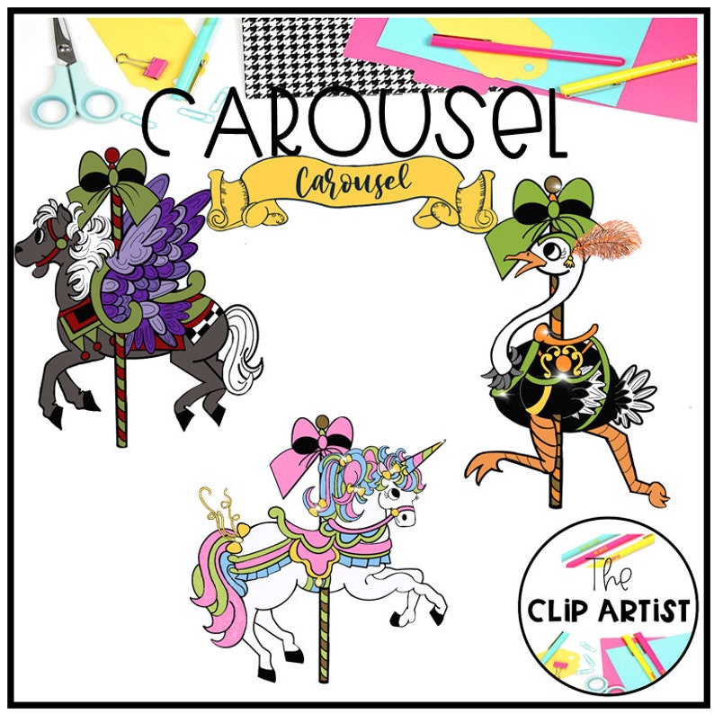 May include: Three colorful carousel animals: a winged horse, a unicorn, and an ostrich. Each animal is on a pole with a colorful striped base. The word "Carousel" is written in large letters at the top of the image.