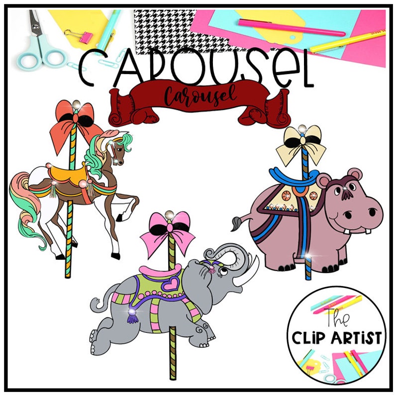 May include: A set of three colorful carousel animal illustrations. A pink and blue horse, a pink hippopotamus, and a gray elephant. Each animal is on a carousel pole with a colorful bow at the top. The text "Carousel" is written in large letters at the top of the image.