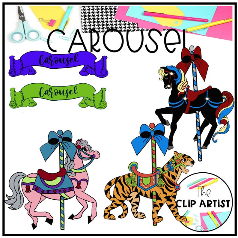 May include: Carousel clip art with a black horse, a pink horse, and a tiger. The carousel horses have colorful saddles and reins. The tiger has a yellow and orange striped body with a green saddle. The clip art is set against a white background with a banner that reads 'Carousel' in black text. The clip art also includes two banners that read 'Carousel' in purple and green text.