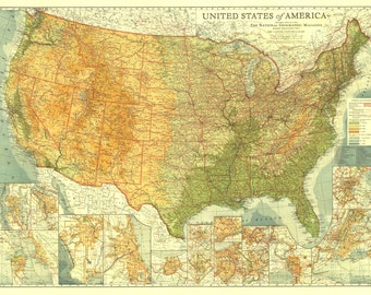 1920 Very Large Antique Map of the United States south West - Etsy