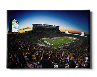May include: A night time view of a packed football stadium with fans cheering. The stadium is lit up with lights and the field is green. The scoreboard shows the score of the game. The fans are wearing green and white clothing. The text on the scoreboard reads "SPARTANS".