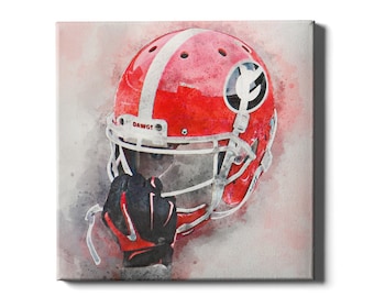 May include: A watercolor painting of a red football helmet with a white stripe and a black and white logo. The helmet is partially obscured by a black and red glove. The text "DAWG!" is visible on the helmet.