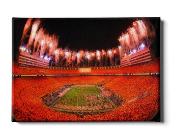 May include: A large stadium filled with a crowd of people wearing orange and white. Fireworks explode in the night sky above the stadium.