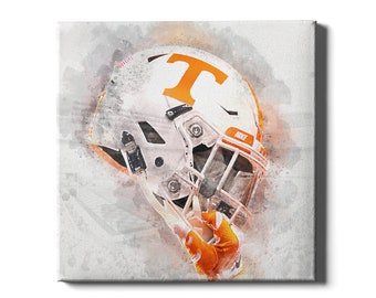 May include: A watercolor painting of a white football helmet with an orange "T" on the side. The helmet is being held by a gloved hand.