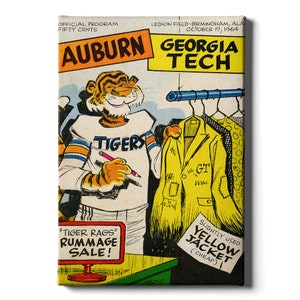 May include: A vintage program cover for the 1964 Auburn vs. Georgia Tech football game. The cover features a cartoon tiger wearing an Auburn jersey and holding a pencil, with the text "Tiger Rags Rummage Sale!" below. The cover also features a yellow jacket with the text "Slightly Used Yellow Jacket (Cheap)" below.