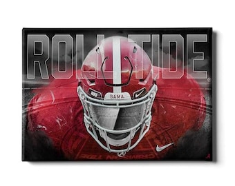 May include: A black and red canvas print with the words "Roll Tide" in white text. The image features a close-up of a football helmet with a red and white design. The helmet has the words "Nike" and "Bama" on it.