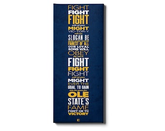 May include: A blue and yellow typography print with the text "FIGHT FIGHT FIGHT with all your MIGHT VIC-TOR-Y will our SLOGAN BE DEAR ALMA MATER FAIREST OF ALL OUR LOYAL SONS WILL OBEY thy call to FIGHT FIGHT FIGHT with all your MIGHT EVER THE GOAL TO GAIN into the game for OLE STATE'S FAME FIGHT ON TO VICTORY E".