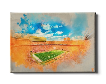 May include: Canvas art print of a football stadium, rendered in watercolor style. The stadium is filled with fans, with a green field and orange seating. The sky is blue with white clouds. A small orange "T" logo is in the bottom right corner.