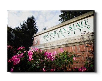 May include: A brick building with a sign that reads "Michigan State University, Pioneer Land Grant College". The sign is green and white with a large "S" in the corner. There are pink flowers in the foreground.