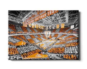 Puede incluir: Una fotografía en blanco y negro de un estadio de baloncesto lleno de aficionados que visten de naranja y blanco. El estadio está decorado con pancartas que dicen "1987, 1989, 1991, 1996, 1997, 1998, 2000, 2008, 2010, 2019".