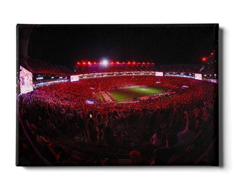 May include: A wide-angle view of a packed stadium at night. The stadium is lit up with red lights, and the crowd is cheering. The field is green and there is a football game in progress.