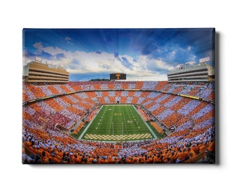 May include: An aerial view of a packed football stadium with a green field and a scoreboard displaying a 'T'. The stands are filled with fans wearing orange and white, creating a checkerboard pattern.