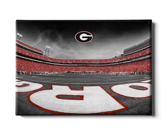 May include: A black and white photo of a packed football stadium with a large 'G' in the center of the field. The stadium is filled with red seats and fans. The 'G' is surrounded by a white outline.
