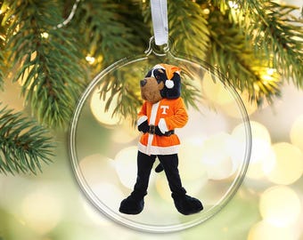 May include: A clear, round, flat acrylic ornament featuring a printed graphic of a dog mascot wearing an orange and white Santa suit with a matching hat. The mascot has a brown face, black ears, and a white letter T on the chest. A white ribbon is attached.