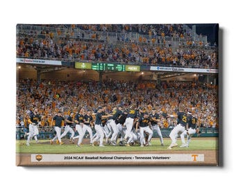 May include: A group of baseball players in black and orange uniforms celebrate on the field after winning the 2024 NCAA Baseball National Championship. The players are holding up their arms in victory, and the crowd is cheering in the background. The text "2024 NCAA Baseball National Champions - Tennessee Volunteers" is displayed at the bottom of the image.