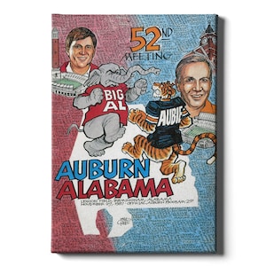 May include: A vintage illustration of the 52nd meeting between Auburn and Alabama football teams. The image features a cartoon tiger and elephant, the team mascots, with the text "Auburn Alabama" and "Legion Field, Birmingham, Alabama, November 27, 1987, Official Auburn Program 200"