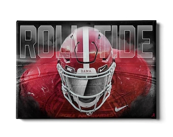 May include: A rectangular wall art print featuring a crimson football helmet with a white center stripe and a white face mask. The text ROLL TIDE is displayed in large white letters across the top. The background shows a dark stadium.