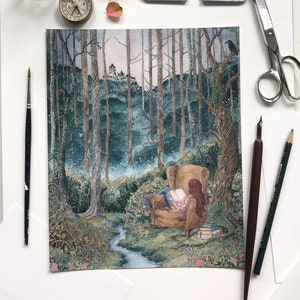 Reading Transports You - Giclée Print - Fantasy Illustration - Reading Fairytales - Woodland Literature Art - 8x10"