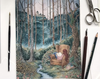 May include: Watercolor painting of a forest scene with a person reading in a chair. A stream flows through the forest, and a castle is visible in the distance. A compass, scissors, and paintbrushes are on the white surface.