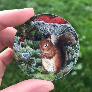 Squirrel Teatime Sticker - Whimsical Watercolor Sticker - Waterbottle Laptop Sticker - 2" Round Vinyl Art Sticker