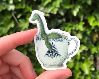 Loch Ness Monster in a Teacup Waterproof Vinyl Sticker - Whimsical Watercolor Sticker - Tea Sticker - Natural History