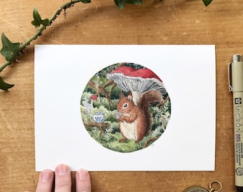 Écureuil et champignon rouge - Impression Giclée - Thé des bois fantaisistes - Illustration d'histoire naturelle à l'aquarelle et à l'encre - 5x7"