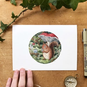 Squirrel and Red Mushroom - Giclée Print - Whimsical Woodland Tea  - Watercolor and Ink Natural History Illustration - 5x7"