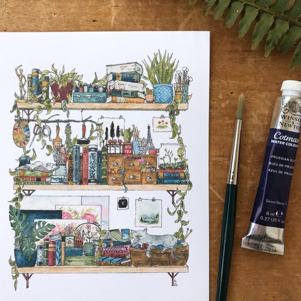 The Artist's Shelves Postcard - Mini Print - Watercolor Notecard