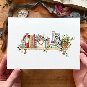 May include: A watercolor illustration of a raccoon sitting on a shelf with a variety of objects, including books, a fire extinguisher, a toolbox, and a potted plant. The shelf is made of wood and has a metal bracket.