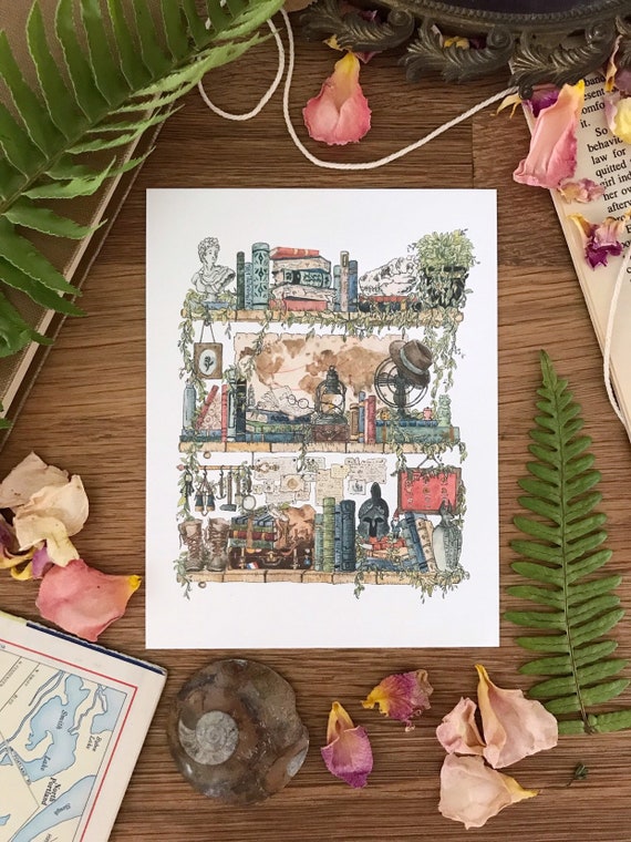 The Archaeologist's Shelves Postcard - Watercolor Natural History Postcard - Vintage Science - Mini Print - Notecard - Blank Greeting Card