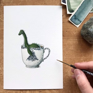 Loch Ness Monster in a Teacup Print Whimsical Tea Themed Ocean Artwork Watercolor and Ink Natural History Illustration 5x7 image 3