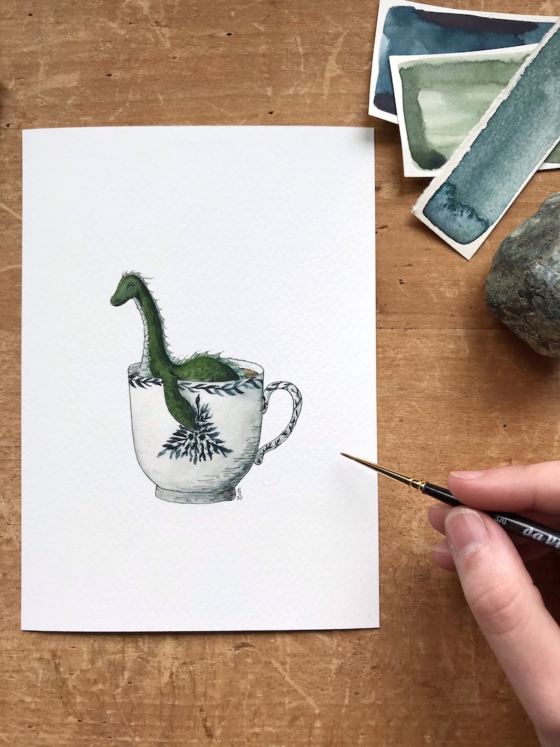 Loch Ness Monster in a Teacup Print Whimsical Tea Themed Ocean Artwork Watercolor and Ink Natural History Illustration 5x7 image 3