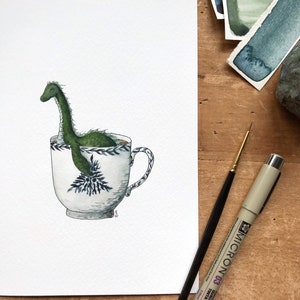 Loch Ness Monster in a Teacup Print Whimsical Tea Themed Ocean Artwork Watercolor and Ink Natural History Illustration 5x7 image 1