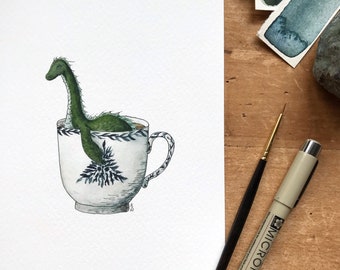 Loch Ness Monster in a Teacup Print - Whimsical Tea Themed Ocean Artwork - Watercolor and Ink Natural History Illustration - 5x7"