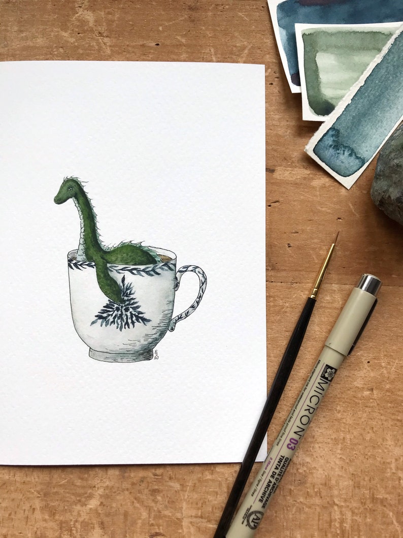 Loch Ness Monster in a Teacup Print Whimsical Tea Themed Ocean Artwork Watercolor and Ink Natural History Illustration 5x7 image 1