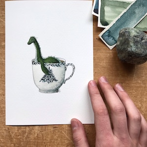 Loch Ness Monster in a Teacup Print Whimsical Tea Themed Ocean Artwork Watercolor and Ink Natural History Illustration 5x7 image 4