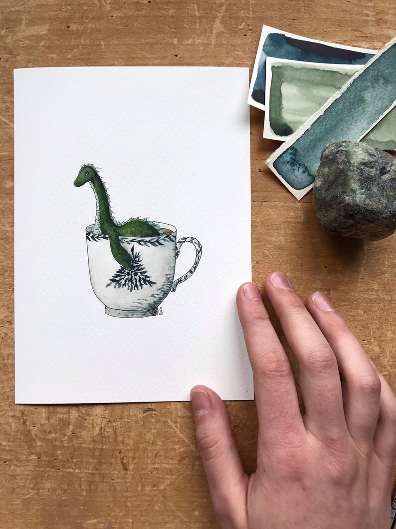 Loch Ness Monster in a Teacup Print Whimsical Tea Themed Ocean Artwork Watercolor and Ink Natural History Illustration 5x7 image 4