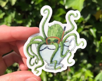 Kraken in a Teacup Waterproof Vinyl Sticker - Whimsical Watercolor Sticker - Tea Sticker - Natural History