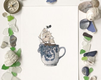 Pirate Ship in a Stormy Teacup Print - Whimsical Tea Themed Nautical Ocean - Watercolor and Ink Natural History Illustration - 5x7"