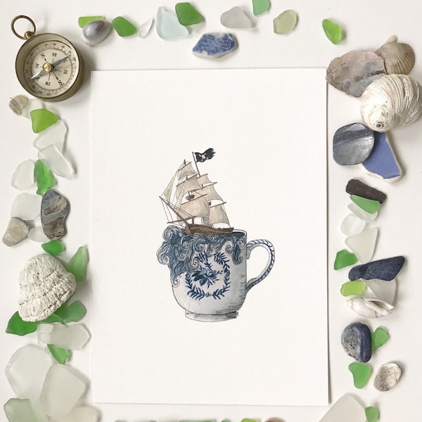 Pirate Ship in a Stormy Teacup Print - Whimsical Tea Themed Nautical Ocean - Watercolor and Ink Natural History Illustration - 5x7"