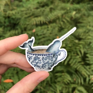 Narwhal in a Teacup Sticker - Waterproof Vinyl - Whimsical Watercolor Sticker - Tea Sticker - Natural History
