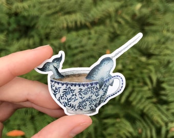 Narwhal in a Teacup Sticker - Waterproof Vinyl - Whimsical Watercolor Sticker - Tea Sticker - Natural History