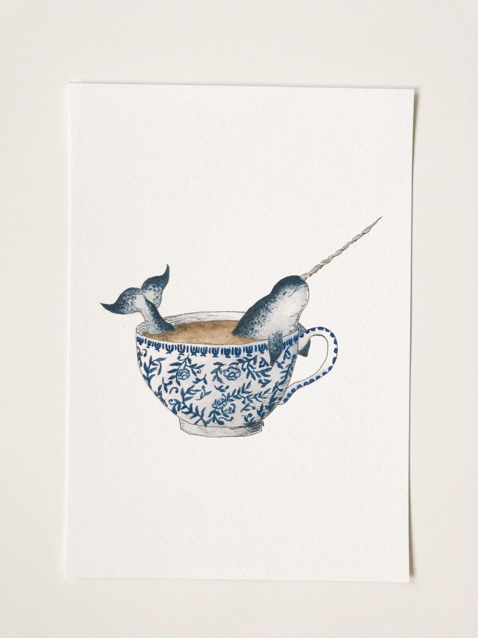 Narwhal in a Teacup Print Whimsical Tea Themed Ocean Artwork Watercolor ...