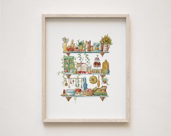 May include: A watercolor illustration of a kitchen shelf with various items, including jars, bowls, utensils, and plants. The shelf is painted in a light wood tone with a blue and white patterned back.