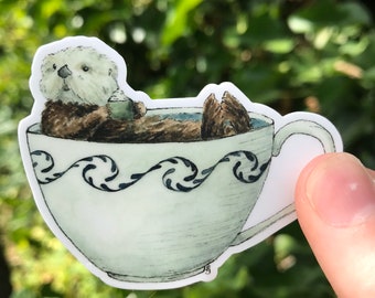 Otter in a Teacup Waterproof Vinyl Sticker - Whimsical Watercolor Sticker - Tea Sticker - Natural History